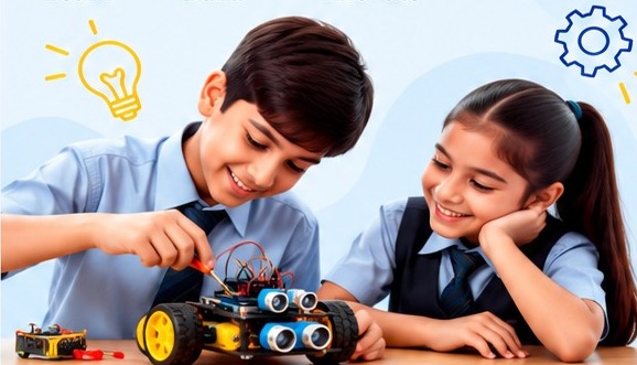 Students building a robot
